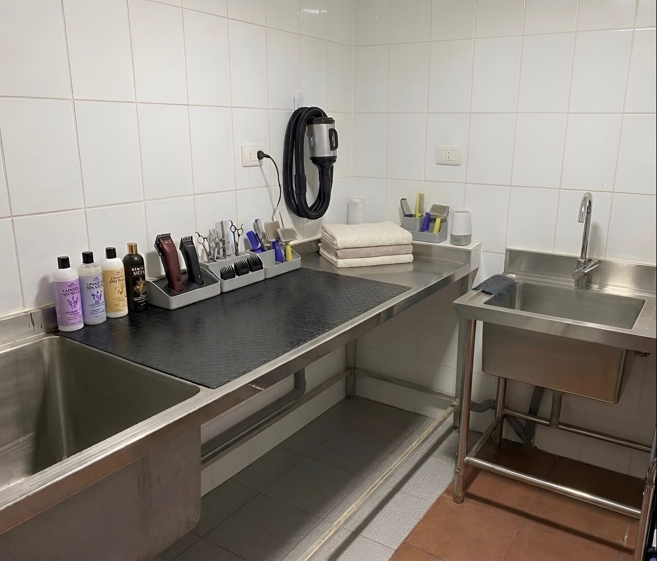 Area de peluqueria veterinaria con mesa y accesorios