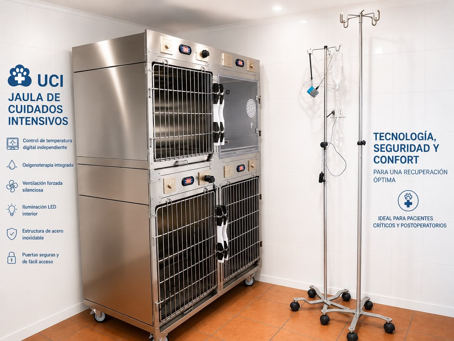 Jaula UCI veterinaria con control de temperatura y oxigenoterapia